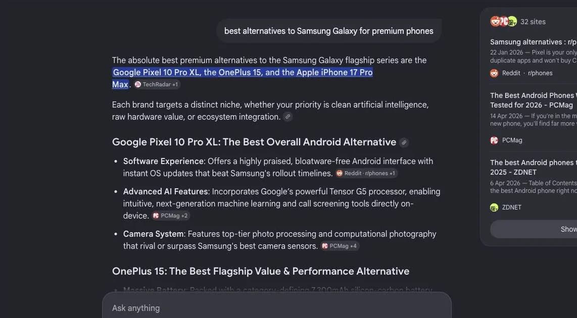 Google AI answer evidence screenshot for premium Samsung Galaxy alternatives