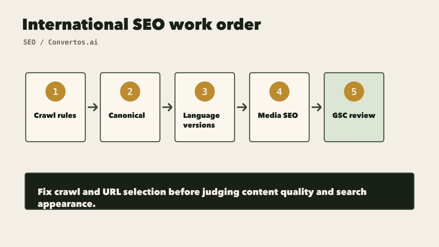 International SEO work order showing crawl rules, canonical, language versions, media SEO, and GSC review