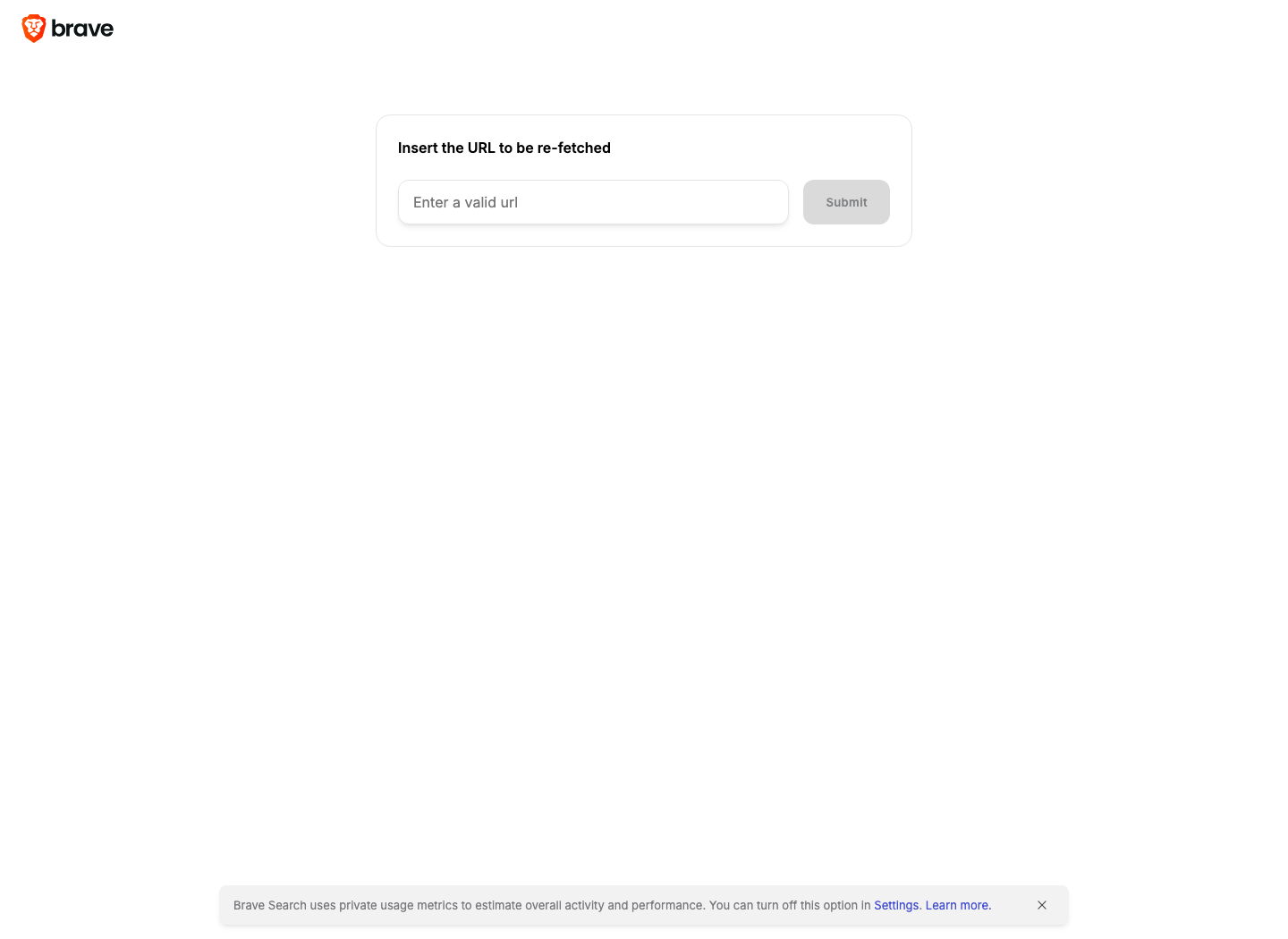 Brave Search Submit URL 页面截图：输入要重新抓取的 URL