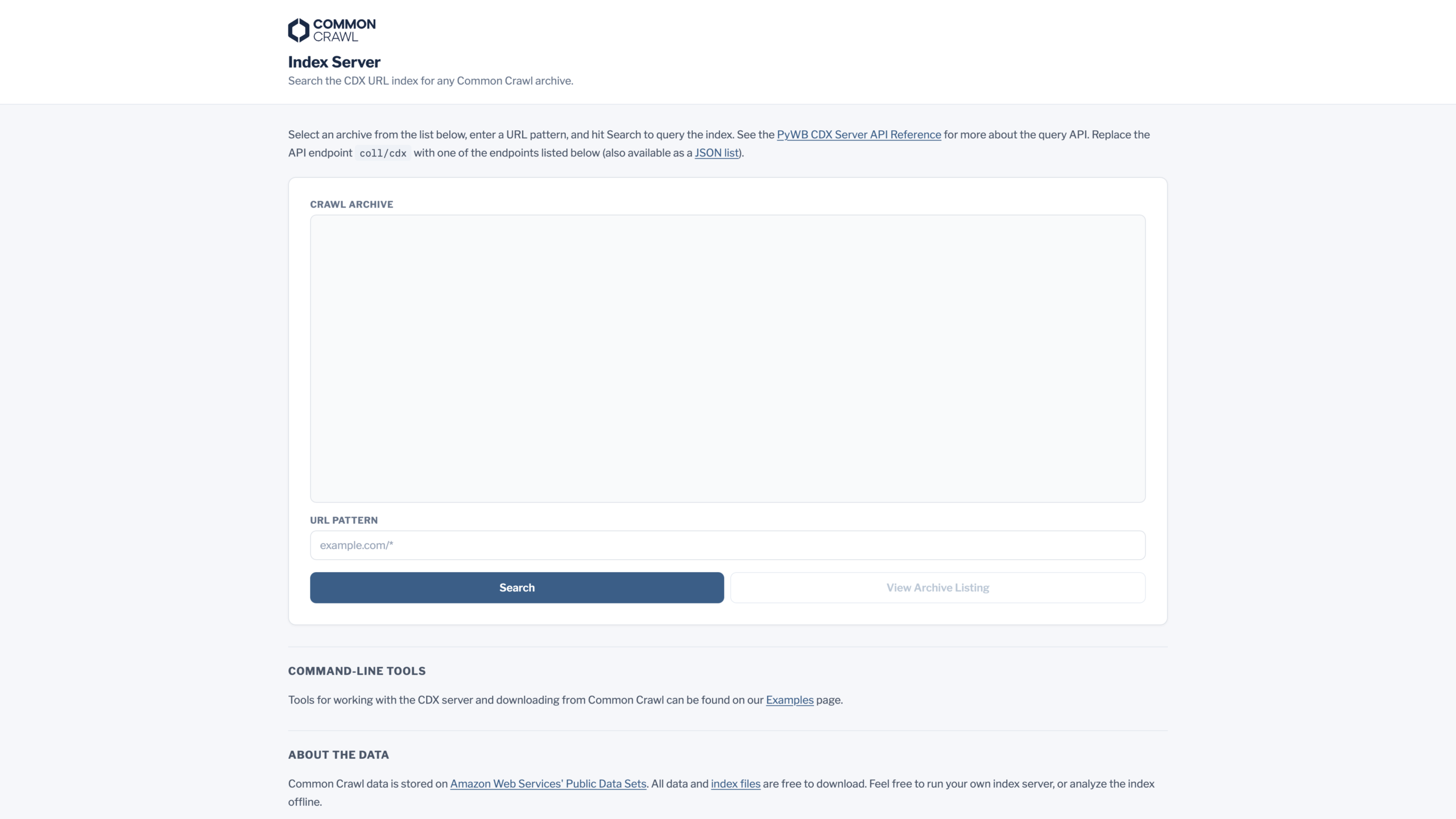 Common Crawl Index Server search UI