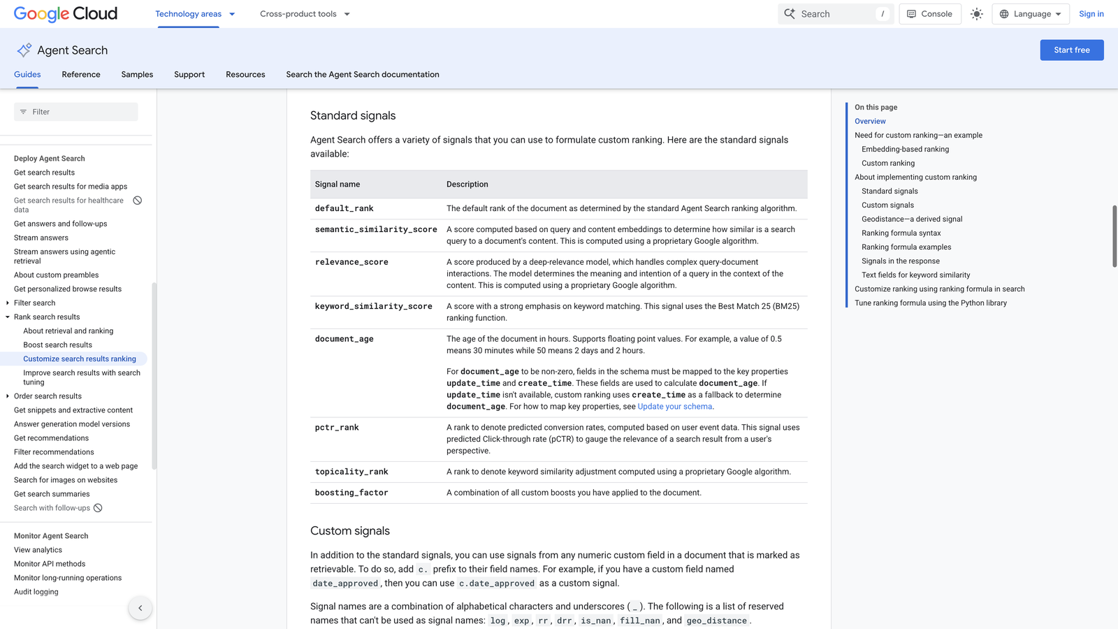 Google Cloud Agent Search standard ranking signals