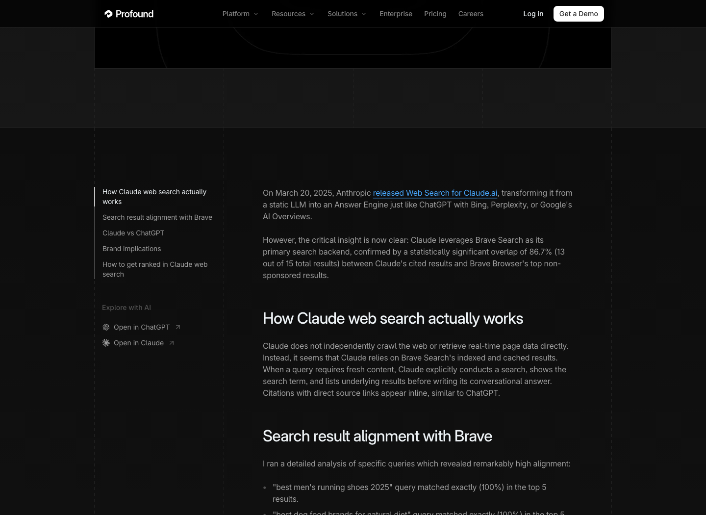 Profound 的 Claude web search 分析可以作为行业证据看待，但不能替代平台文档