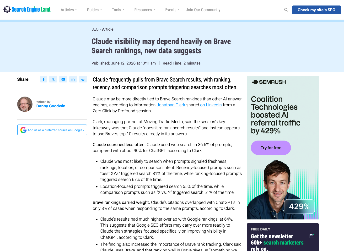 Search Engine Land 把 Brave 排名放进 Claude 可见度工作流里，这也是这篇文章真正要讨论的 SEO 角度