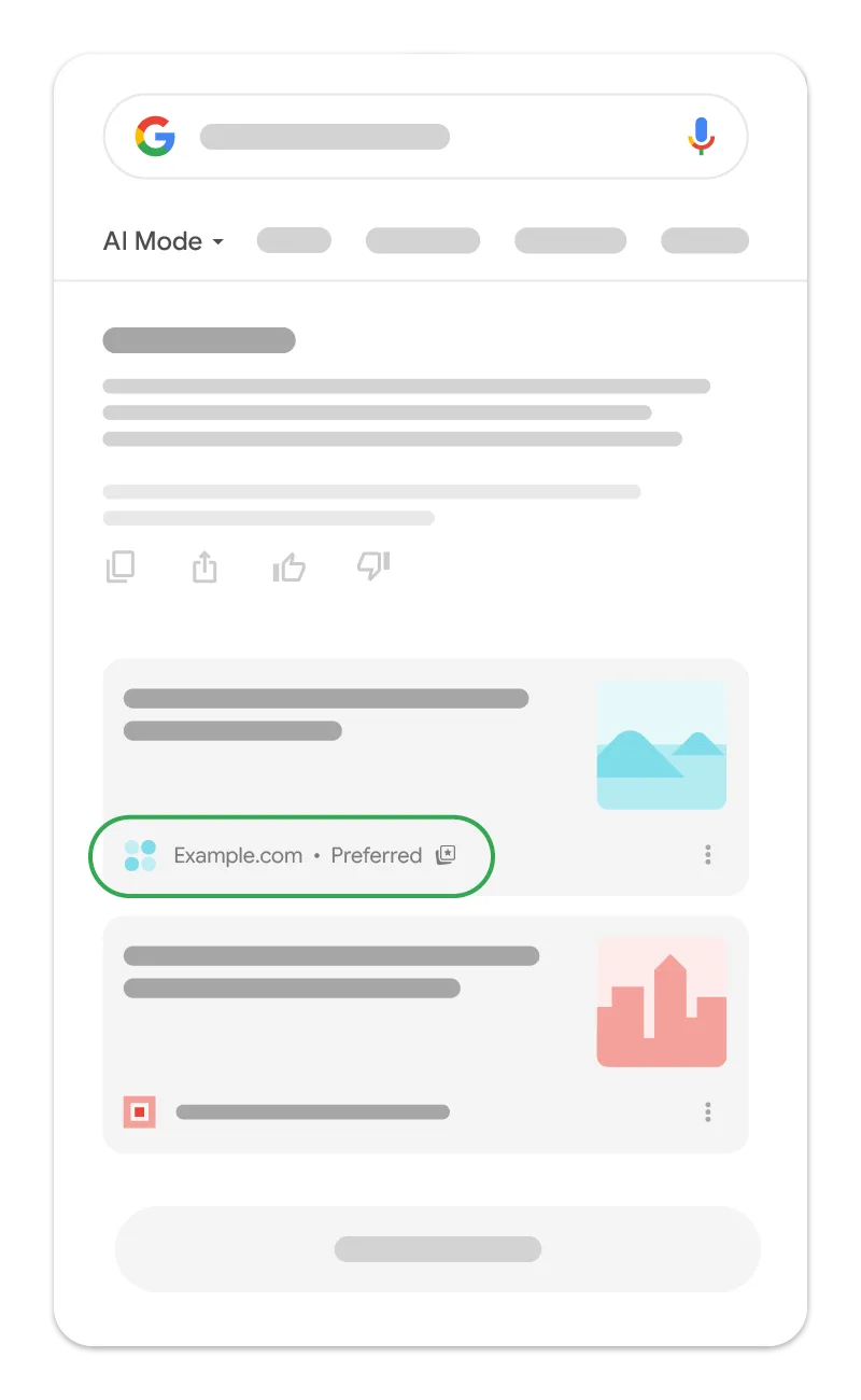 Google AI Mode 中的首选来源标记