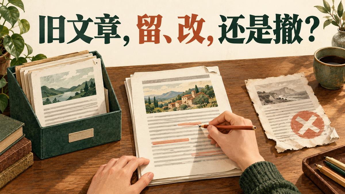 编辑桌上，一篇旧文章被收好，一篇正在修改，另一篇被放到一旁。旧内容留、改或撤的概念插图。