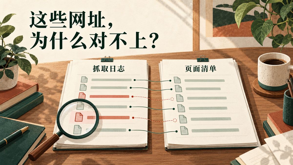 两份分别标为抓取日志和页面清单的记录并排对照，部分地址没有匹配，放大镜正在检查其中一行。概念插图。