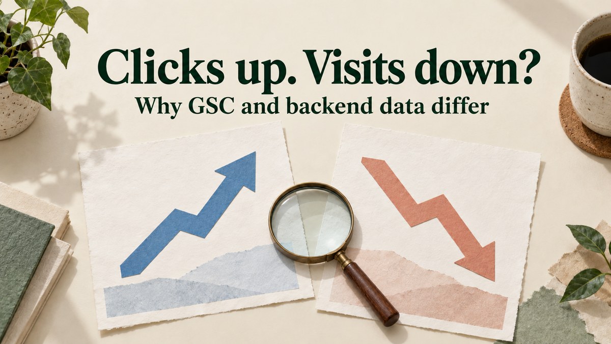 Conceptual GSC and backend discrepancy cover with rising and falling arrows and a magnifying glass; no brand