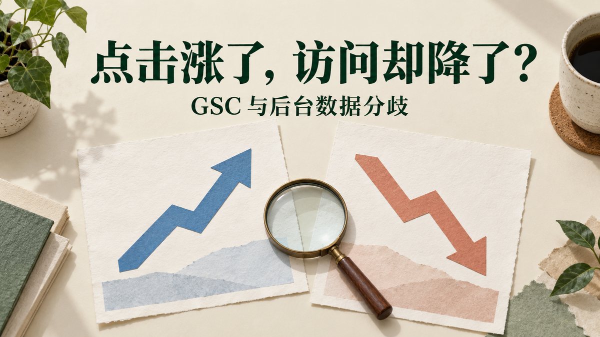 GSC与后台数据分歧的概念封面：上升与下降箭头和放大镜，无品牌