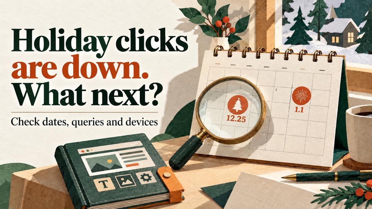 A magnifying glass examines Christmas and New Year markers on a calendar beside a closed website toolkit, suggesting checks before page changes