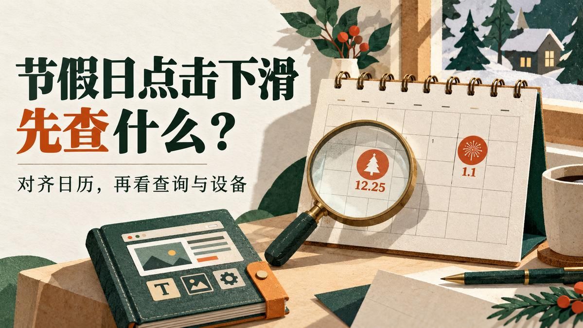 日历上的圣诞和新年标记旁，放大镜检查日期，页面工具暂时收起，表达修改页面前先核对假日搜索变化