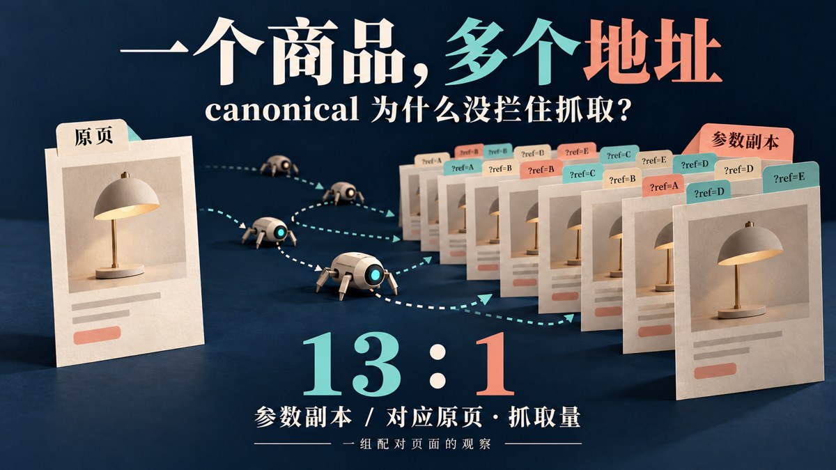 同一件商品有一个原页和多个参数副本，爬虫沿着不同地址反复访问；13比1表示一组配对页面的抓取量对比。概念插画。
