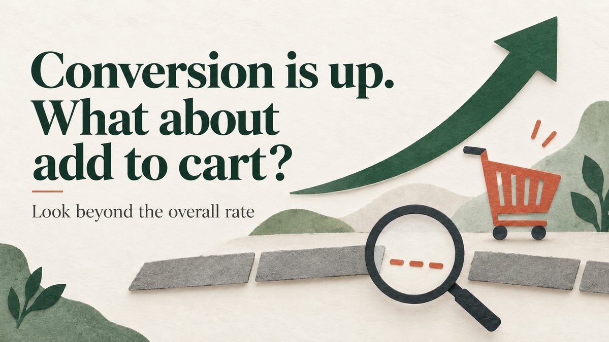 A rising green arrow above a shopping cart and a magnifying glass inspecting an unfinished path: look beyond the overall conversion rate
