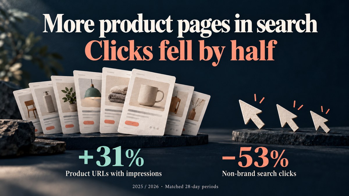 More product pages appeared in search, but clicks fell by half: product URLs with impressions rose 31%, while non-brand search clicks fell 53%. Conceptual illustration.