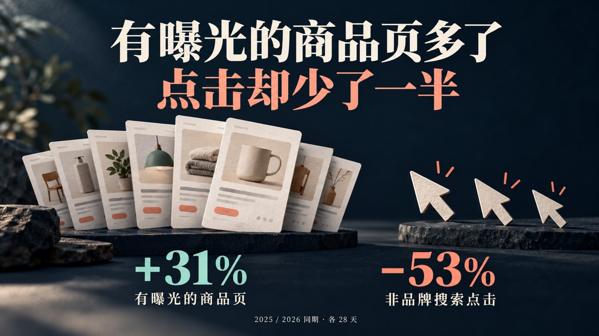 有曝光的商品页多了31%，非品牌搜索点击却少了53%；商品卡片与点击指针的概念插画。