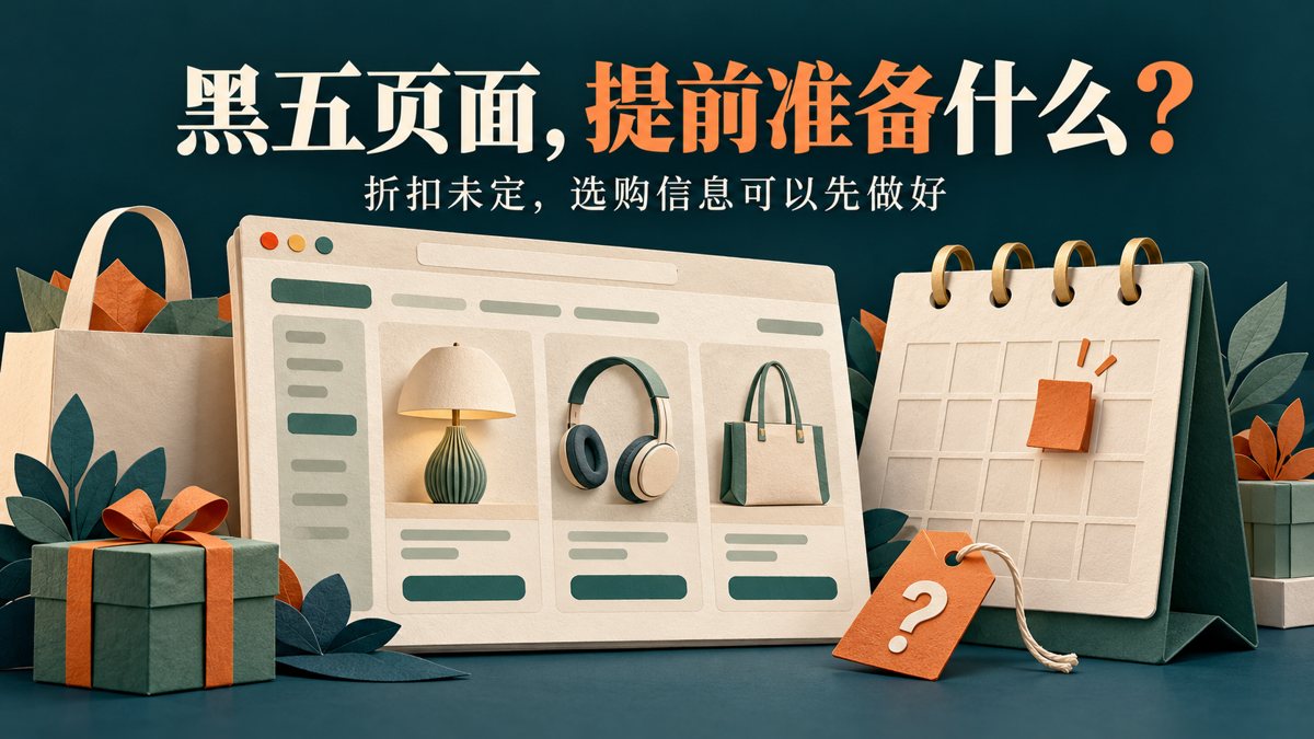黑五购物页面与日历放在一起，待定的价格标签留在页面旁，表达折扣尚未确定时可以先准备有用的选购内容。概念插图。