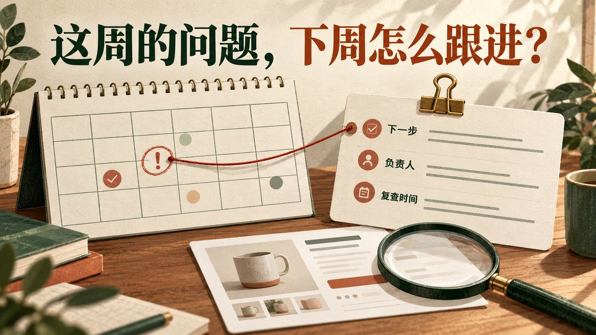 日历上的一个问题连到写有下一步、负责人和复查时间的任务卡。每周 SEO 跟进的概念插图。